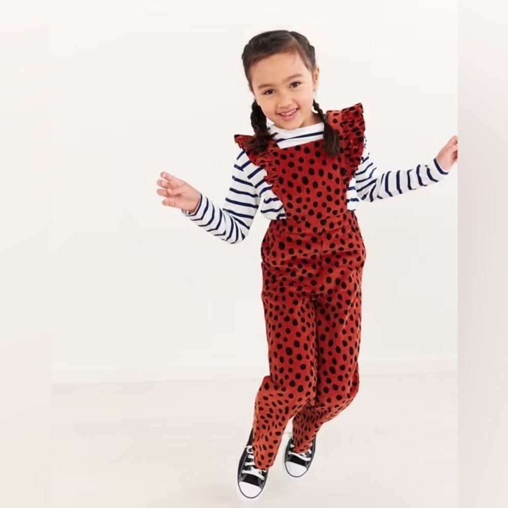 Hanna Andersson Ruffle Jumpsuit In Stretch Corduroy, Mini Spots, Size 6-7